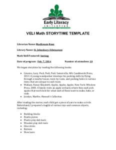 VELI Math STORYTIME TEMPLATE Librarian Name: MacKenzie Ross Library Name: St. Johnsbury Athenaeum Math Skill Featured: Sorting Date of program: Feb. 7, 2014