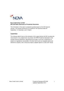 Nova Credit Union Limited APS 330 Public Disclosure of Prudential Information The information in this report is prepared quarterly based on the ADI financial records. The financial records are not audited for the Quarter