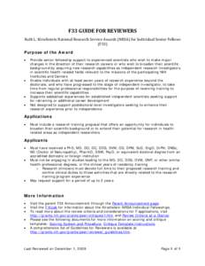 F33 GUIDE FOR REVIEWERS Ruth L. Kirschstein National Research Service Awards (NRSA) for Individual Senior Fellows (F33) Purpose of the Award •