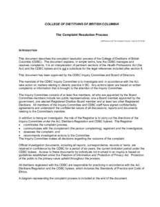 COLLEGE OF DIETITIANS OF BRITISH COLUMBIA The Complaint Resolution Process Ic09/Policies.Ic-02 The Complaint Process – final Oct[removed]doc INTRODUCTION This document describes the complaint resolution process of the Co
