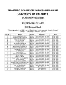 DEPARTMENT OF COMPUTER SCIENCE & ENGINEERING  UNIVERSITY OF CALCUTTA PLACEMENT RECORD  UNDERGRADUATE