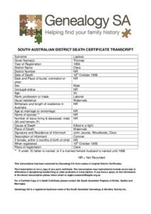 SOUTH AUSTRALIAN DISTRICT DEATH CERTIFICATE TRANSCRIPT Surname Layless Given Name(s) Thomas Year of Registration