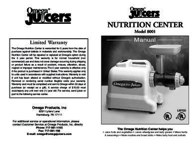 NUTRITION CENTER Model 8001 Limited Warranty  Manual