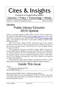 Cites & Insights Crawford at Large/Online Edition Libraries • Policy • Technology • Media Volume 12, Number 8: September 2012