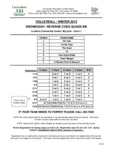 Carmichael Recreation & Park District 5325 Engle Rd, Suite 100 Carmichael, CA[removed]Phone: ([removed]Fax: ([removed]www.carmichaelpark.com VOLLEYBALL - WINTER 2015 WEDNESDAY: REVERSE COED QUADS BB