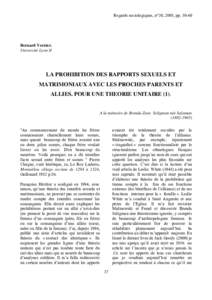 Regards sociologiques, n°30, 2005, ppBernard Vernier. Université Lyon II  LA PROHIBITION DES RAPPORTS SEXUELS ET