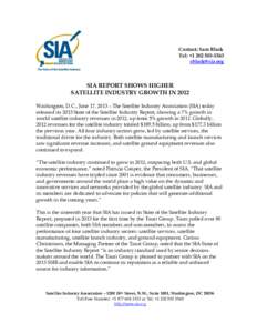 Contact: Sam Black Tel: +[removed]removed] SIA REPORT SHOWS HIGHER SATELLITE INDUSTRY GROWTH IN 2012