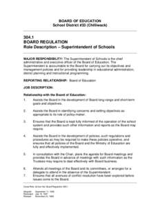 BOARD OF EDUCATION School District #33 (ChilliwackBOARD REGULATION Role Description – Superintendent of Schools