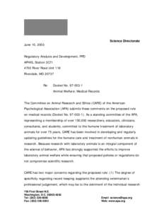 Science Directorate  June 10, 2003 Regulatory Analysis and Development, PPD APHIS, Station 3C71 4700 River Road Unit 118