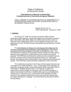 Rulemaking: [removed]Final statement of Reasons for Rulemaking for Voluntary Accelerated Vehicle Retirement Regulations