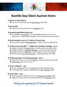 Bastille Day Silent Auction Items 1) Dinner at Chez Panisse Dinner for 2 with house wine at Chez Panisse cafe ($Chic textile Gorgeous throw/scarf/accent from Red Bird ($312)