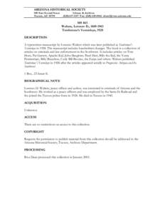 ARIZONA HISTORICAL SOCIETY 949 East Second Street Tucson, AZ[removed]Library & Archives[removed]Fax: ([removed]removed]
