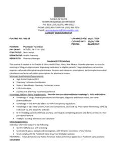 PUEBLO OF ISLETA HUMAN RESOURCES DEPARTMENT P.O. BOX 1270, ISLETA, NM[removed]PHONE: ([removed]FAX: ([removed]EMAIL: [removed] VACANCY ANNOUNCEMENT