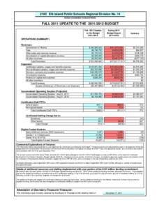 2195 Elk Island Public Schools Regional Division No. 14 School Jurisdiction Code and Name FALL 2011 UPDATE TO THE[removed]BUDGET Fall 2011 Update to the Budget