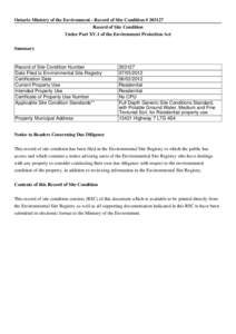 Ontario Ministry of the Environment - Record of Site Condition # [removed]Record of Site Condition Under Part XV.1 of the Environment Protection Act Summary  Record of Site Condition Number