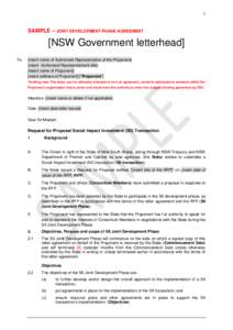 1  SAMPLE – JOINT DEVELOPMENT PHASE AGREEMENT [NSW Government letterhead] To: