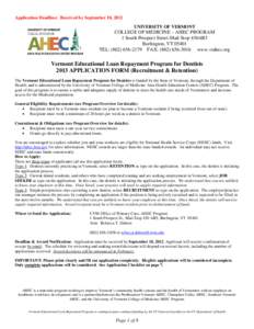 Application Deadline: Received by September 10, 2012 UNIVERSITY OF VERMONT COLLEGE OF MEDICINE – AHEC PROGRAM 1 South Prospect Street-Mail Stop 430AR5 Burlington, VT 05401