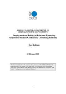 HIGH-LEVEL OECD-ILO CONFERENCE ON CORPORATE SOCIAL RESPONSIBILITY Employment and Industrial Relations: Promoting Responsible Business Conduct in a Globalising Economy