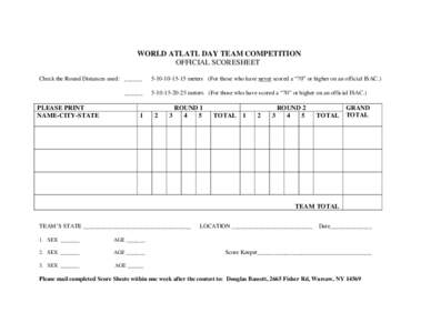 WORLD ATLATL DAY TEAM COMPETITION OFFICIAL SCORESHEET Check the Round Distances used: ______ ______  PLEASE PRINT