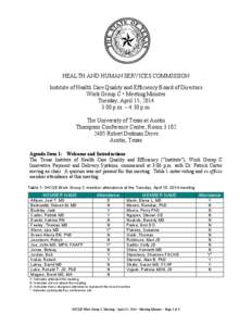 HEALTH AND HUMAN SERVICES COMMISSION Institute of Health Care Quality and Efficiency Board of Directors Work Group C • Meeting Minutes Tuesday, April 15, 2014 3:00 p.m. – 4:30 p.m. The University of Texas at Austin