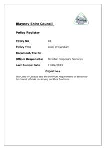 Blayney Shire Council Policy Register Policy No 1B