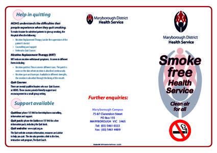 Help in quitting MDHS understands the difficulties that people experience when they quit smoking. To make it easier for admitted patients to give up smoking, the Hospital offers the following: •	 Nicotine Replacement T