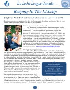 Spring 2012 Keeping In The LLLoop Eating for Two—What’s True? – Jen Peddlesden, Area Professional Liaison Leader for LLLC-AB/NWT Breastfeeding mothers ask questions about their diet, losing weight, alcohol, and sup