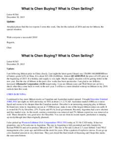 What Is Chen Buying? What Is Chen Selling? Letter #1564 December 30, 2015 Update: Attached please find the two reports I wrote this week. One for the outlook of 2016 and one for lithium, the special situation.