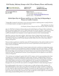 Civil Society Advisory Group to the UN on Women, Peace and Security  For Immediate Release June 15, 2010  Media Contact: