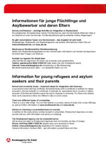 Informationen für junge Flüchtlinge und Asylbewerber und deren Eltern Schule und Studium – wichtige Schritte zur Integration in Deutschland Ein erfolgreicher Schulabschluss mit der Fachhochschul- oder Hochschulreife 