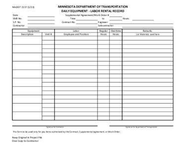 MINNESOTA DEPARTMENT OF TRANSPORTATION DAILY EQUIPMENT - LABOR RENTAL RECORD MnDOT[removed]Date Shift No.