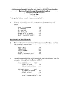 G2E Institute Future Watch Survey ~ Survey of Gulf Coast Gaming Industry Executives and Community Leaders American Gaming Association March 2007 N= 20 gaming industry executives and community leaders