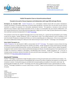 1500 First Avenue North Birmingham, AL[removed]Phone: [removed]removed]  Soluble Therapeutics Closes on Second Investment Round