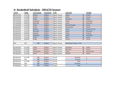 Jr. Basketball Schedule[removed]Season DATE TIME  LOCATION