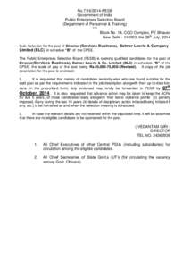 No[removed]PESB Government of India Public Enterprises Selection Board (Department of Personnel & Training) *** Block No. 14, CGO Complex, PE Bhavan