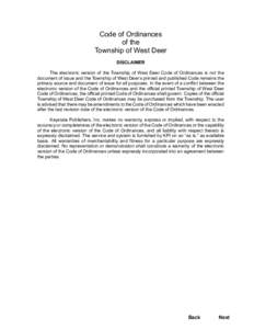 Code of Ordinances of the Township of West Deer DISCLAIMER The electronic version of the Township of West Deer Code of Ordinances is not the document of issue and the Township of West Deer’s printed and published Code 