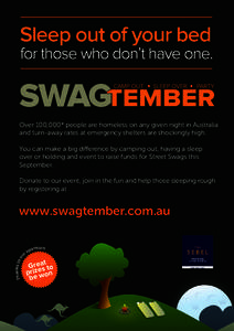 Over 100,000* people are homeless on any given night in Australia and turn-away rates at emergency shelters are shockingly high. You can make a big difference by camping out, having a sleep over or holding and event to r