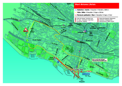 Short distance | Relais Natation / Swim : 1 boucle / 1 Runde = 500 m Vélo / Bike : 3 boucles / 3 laps = 20 km Parcours pédestre / Run : 2 boucles / 2 laps = 5 km A = Zone de change / Transition area B = Tri Expo – An