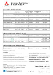 Universal Cars Limited 環宇汽車有限公司 Passenger Cars - Manufactured Year 2015 Max. Output (PS) /