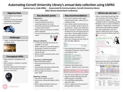Automating Cornell University Library’s annual data collection using LibPAS Joanne Leary, Linda Miller -- Assessment & Communication, Cornell University Library 2012 Library Assessment Conference Opportunities • Cust