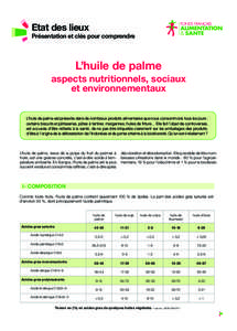 Etat des lieux  Présentation et clés pour comprendre L’huile de palme aspects nutritionnels, sociaux