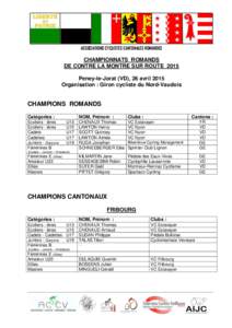 ASSOCIATIONS CYCLISTES CANTONALES ROMANDES  CHAMPIONNATS ROMANDS DE CONTRE LA MONTRE SUR ROUTE 2015 Peney-le-Jorat (VD), 26 avril 2015 Organisation : Giron cycliste du Nord-Vaudois