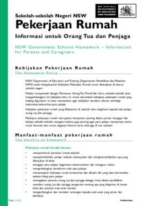 Sekolah-sekolah Negeri NSW  Pekerjaan Rumah Informasi untuk Orang Tua dan Penjaga NSW Government Schools Homework – Information for Parents and Caregivers