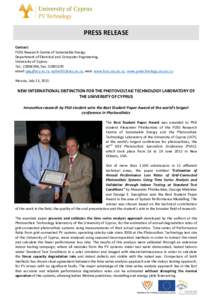 PRESS RELEASE Contact: FOSS Research Centre of Sustainable Energy, Department of Electrical and Computer Engineering, University of Cyprus. Tel.: , Fax: 