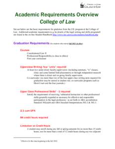 Academic Requirements Overview College of Law Set out below are the basic requirements for gradation from the J.D. program at the College of Law. Additional academic requirements (e.g. he details of the legal writing and