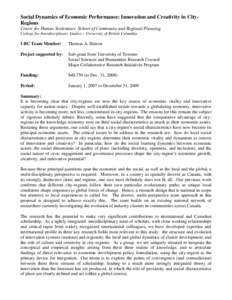 Social Dynamics of Economic Performance: Innovation and Creativity in CityRegions Centre for Human Settlements ∙School of Community and Regional Planning College for Interdisciplinary Studies – University of British 