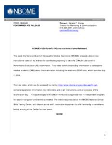 PRESS RELEASE FOR IMMEDIATE RELEASE Contact: Natalie P. Smoley Director for Marketing & Communications[removed], x385 (office)