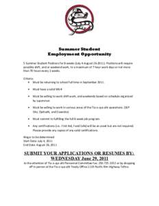 Summer Student Employment Opportunity 5 Summer Student Positions for 8 weeks (July 4-August[removed]Positions will require possible shift, and or weekend work, to a maximum of 7 hour work days or not more than 70 hours