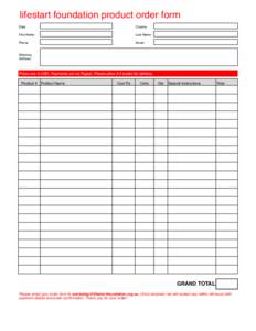 lifestart foundation product order form Date Country  First Name