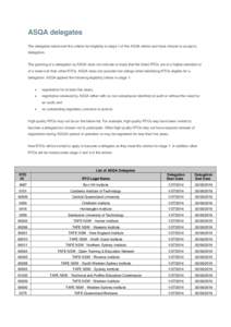 ASQA delegates The delegates below met the criteria for eligibility in stage 1 of the ASQA reform and have chosen to accept a delegation. The granting of a delegation by ASQA does not indicate or imply that the listed RT